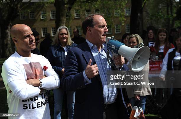 Simon Hughes MP addresses supporters of singer Jade Jones as they prepare to march through East London on April 26, 2014 in London, England. They are...