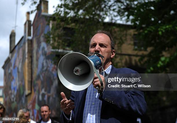Simon Hughes MP addresses supporters of singer Jade Jones as they prepare to march through East London on April 26, 2014 in London, England. They are...