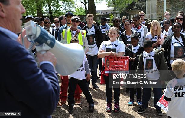 Simon Hughes MP addresses supporters of singer Jade Jones as they prepare to march through East London on April 26, 2014 in London, England. They are...