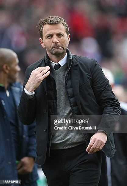 Tottenham Hotspur manager Tim Sherwood makes a gesture to his supporters during the Barclays Premier League match between Stoke City and Tottenham...