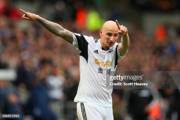 Jonjo Shelvey of Swansea City celebrates scoring their second goal during the Barclays Premier League match between Swansea City and Aston Villa at...