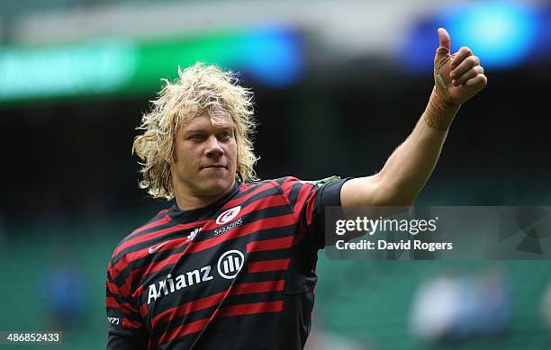 Mouritz Botha of Saracens celebrates after his teams victory during the Heineken Cup semi final match between Saracens and Clermont Auvergne at...