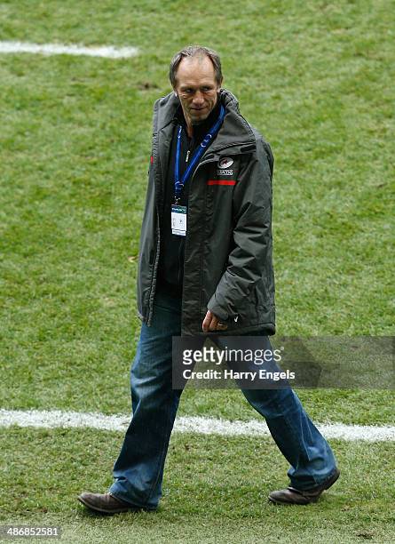 Saracens technical director Brendan Venter looks on following the Heineken Cup Semi-Final match between Saracens and ASM Clermont Auvergne at...
