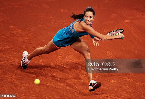 Ana Ivanovic of Serbia hits a backhand during her semi final match against Jelena Jankovic of Serbia on day six of the Porsche Tennis Grand Prix at...