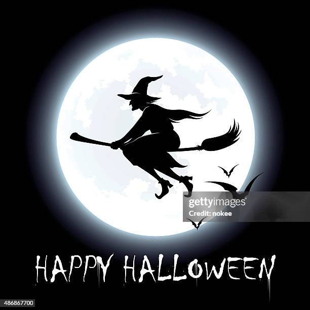 happy halloween - flying witch - witch flying on broom stock illustrations