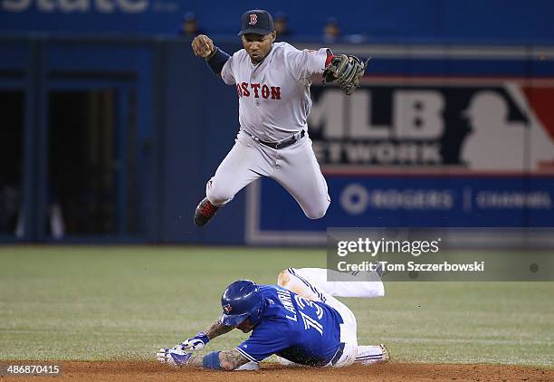 Brett Lawrie of the Toronto Blue Jays is forced out at second base in the fourth inning during MLB game action as Jonathan Herrera of the Boston Red...