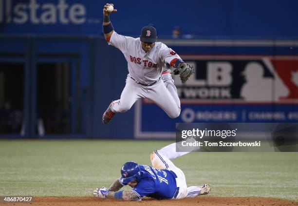 Brett Lawrie of the Toronto Blue Jays is forced out at second base in the fourth inning during MLB game action as Jonathan Herrera of the Boston Red...