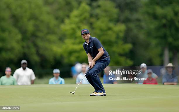 Keegan Bradley reacts to his putt on the 7th during Round Three of the Zurich Classic of New Orleans at TPC Louisiana on April 26, 2014 in Avondale,...
