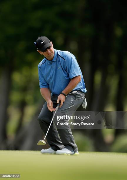 David Duval reacts to a missed putt on the 2nd during Round Three of the Zurich Classic of New Orleans at TPC Louisiana on April 26, 2014 in...