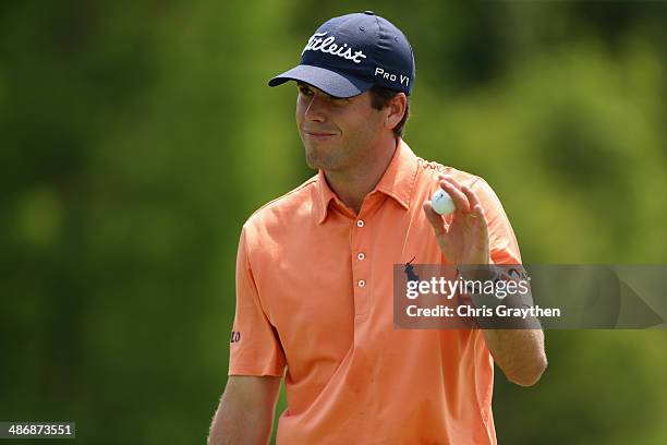 Ben Martin reacts to a putt on the 8th during Round Three of the Zurich Classic of New Orleans at TPC Louisiana on April 26, 2014 in Avondale,...