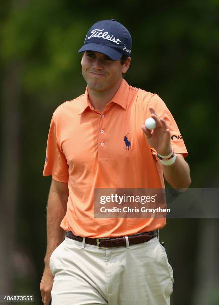 Ben Martin reacts to a putt on the 6th during Round Three of the Zurich Classic of New Orleans at TPC Louisiana on April 26, 2014 in Avondale,...