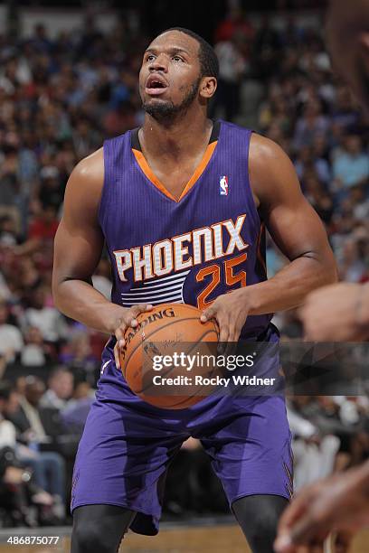 Dionte Christmas of the Phoenix Suns attempts a free throw shot against the Sacramento Kings on April16, 2014 at Sleep Train Arena in Sacramento,...