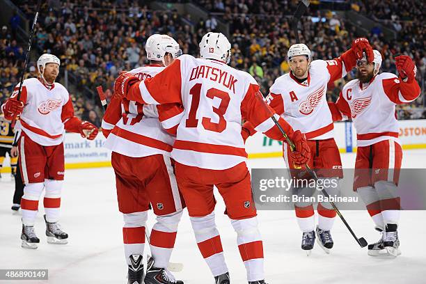 Pavel Datsyuk of the Detroit Red Wings celebrates his goal against the Boston Bruins in Game Five of the First Round of the 2014 Stanley Cup Playoffs...