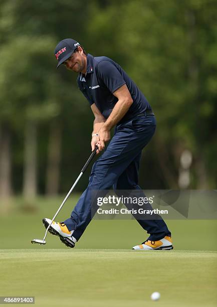 Keegan Bradley reacts to a missed putt for birdie on the 16th during Round Three of the Zurich Classic of New Orleans at TPC Louisiana on April 26,...