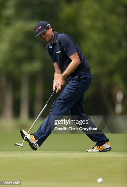 Keegan Bradley reacts to a missed putt for birdie on the 16th during Round Three of the Zurich Classic of New Orleans at TPC Louisiana on April 26,...