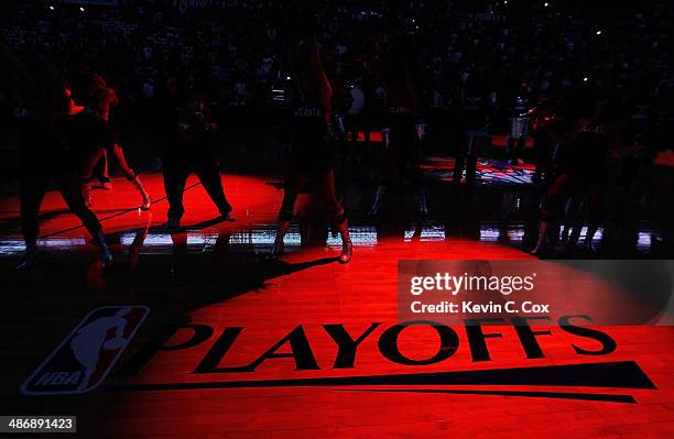 The Atlanta Hawks cheerleaders dance prior to player introductions in Game Four of the Eastern Conference Quarterfinals during the 2014 NBA Playoffs...