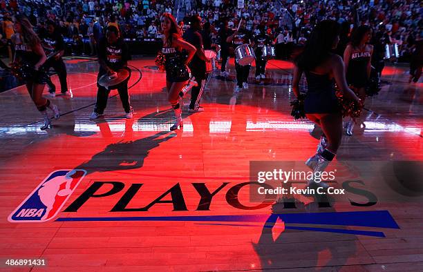 The Atlanta Hawks cheerleaders dance prior to player introductions in Game Four of the Eastern Conference Quarterfinals during the 2014 NBA Playoffs...