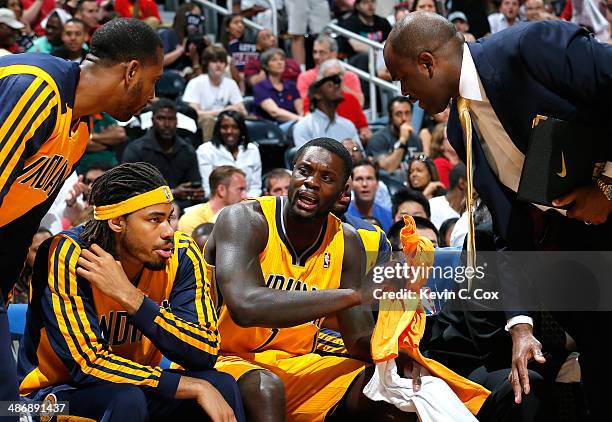 Lance Stephenson of the Indiana Pacers reacts after he earned a technical foul against the Atlanta Hawks in Game Four of the Eastern Conference...