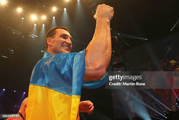 Wladimir Klitschko of Ukraine celebrates after winning the WBO, WBA, IBF and IBO heavy weight title fight between Wladimir Klitschkoat and Alex Lepai...