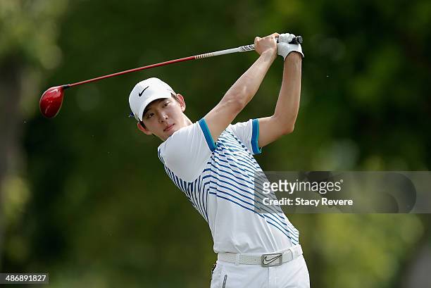 Seung-Yul Noh tees off on the 15th during Round Three of the Zurich Classic of New Orleans at TPC Louisiana on April 26, 2014 in Avondale, Louisiana.