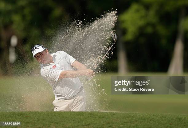 Andrew Svoboda takes his shot on the 16th during Round Three of the Zurich Classic of New Orleans at TPC Louisiana on April 26, 2014 in Avondale,...