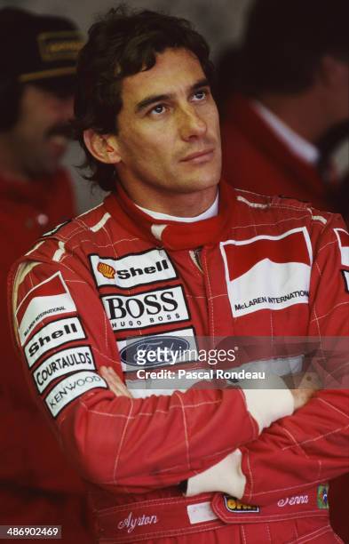 Ayrton Senna of Brazi, driver of the Marlboro McLaren McLaren MP4/8 Ford HBE7 V8 during practice for the British Grand Prix on 10th July 1993 at the...