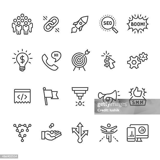 social-media-marketing und seo business vektor-icons - strichmännchen stock-grafiken, -clipart, -cartoons und -symbole