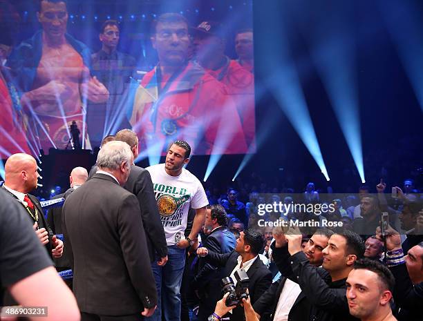 Former heavy weight fighter Manuel Charr screams to Wladimri Klitschko after the WBO, WBA, IBF and IBO heavy weight title fight between Wladimir...
