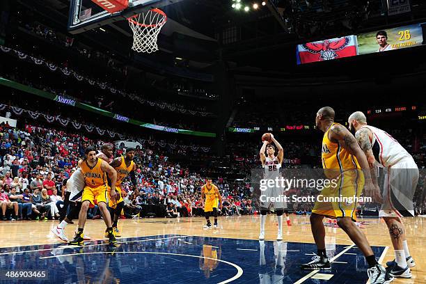 Kyle Korver of the Atlanta Hawks shoots the ball against the Indiana Pacers during Game Four of the Eastern Conference Quarterfinals on April 26,...