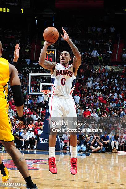 Jeff Teague of the Atlanta Hawks shoots the ball against the Indiana Pacers during Game Four of the Eastern Conference Quarterfinals on April 26,...