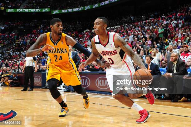 Jeff Teague of the Atlanta Hawks drives baseline against the Indiana Pacers during Game Four of the Eastern Conference Quarterfinals on April 26,...