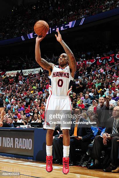 Jeff Teague of the Atlanta Hawks shoots the ball against the Indiana Pacers during Game Four of the Eastern Conference Quarterfinals on April 26,...