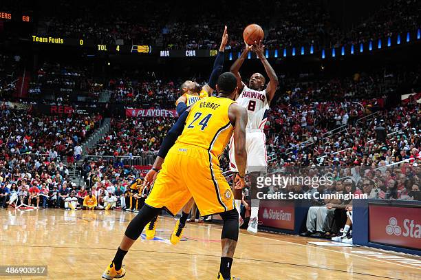 Shelvin Mack#8 of the Atlanta Hawks shoots the ball against the Indiana Pacers during Game Four of the Eastern Conference Quarterfinals on April 26,...