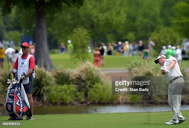 Andrew Svoboda plays a shot on the 4th during Round Three of the Zurich Classic of New Orleans at TPC Louisiana on April 26, 2014 in Avondale,...