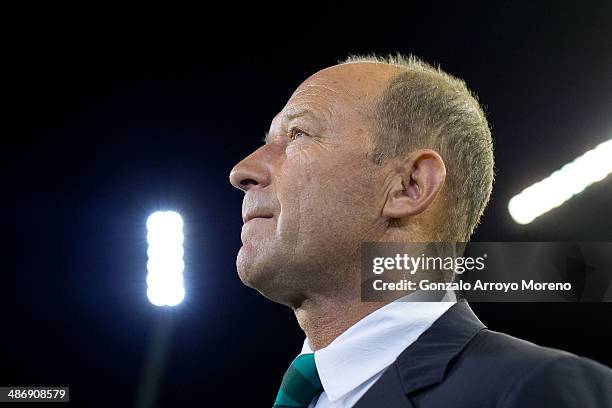 Head coach Juan Carlos Garrido of Real Betis Balompie looks on prior to start the La Liga match between Real Betis Balompie and Real Sociedad de...