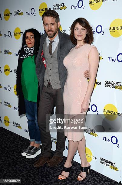 Director Marjane Satrapi with Ryan Reynolds and Gemma Arterton attend the premiere of "The Voices" at Sundance London held at Cineworld 02 Arena on...