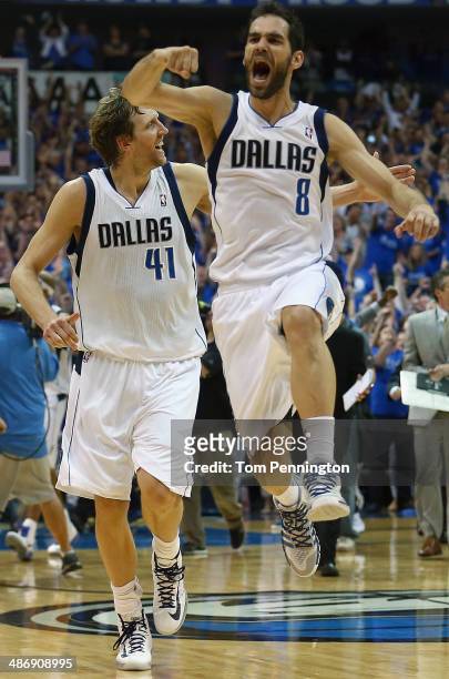 Dirk Nowitzki of the Dallas Mavericks and Jose Calderon of the Dallas Mavericks celebrate after the Dallas Mavericks beat the San Antonio Spurs...