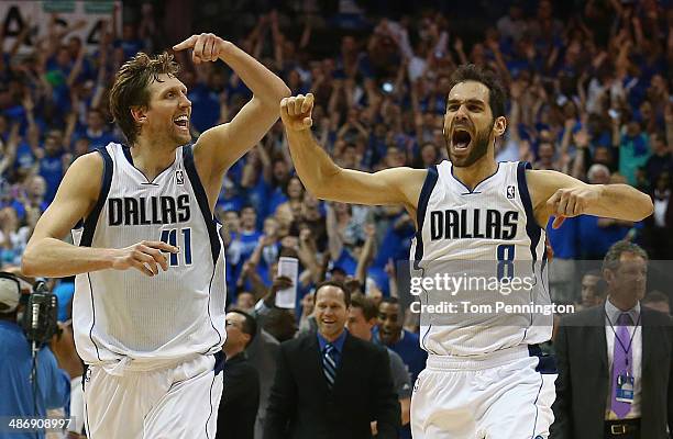 Dirk Nowitzki of the Dallas Mavericks and Jose Calderon of the Dallas Mavericks celebrate after the Dallas Mavericks beat the San Antonio Spurs...