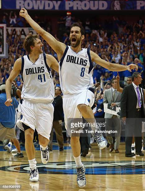 Dirk Nowitzki of the Dallas Mavericks and Jose Calderon of the Dallas Mavericks celebrate after the Dallas Mavericks beat the San Antonio Spurs...