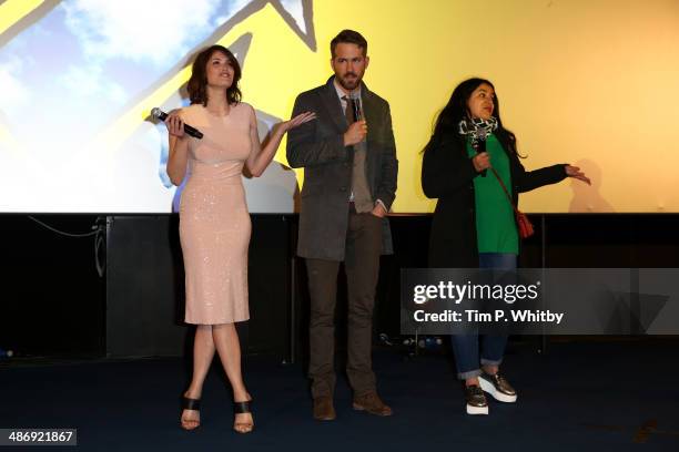 Actors Gemma Arterton, Ryan Reynolds and director Marjane Satrapi attend 'The Voices' screening during the Sundance London Film and Music Festival...