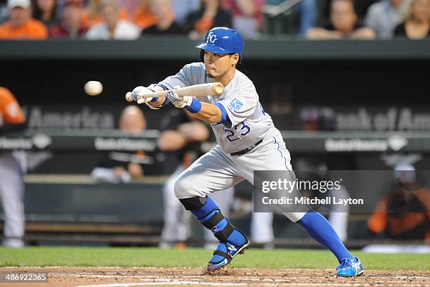 Norichika Aoki of the Kansas City Royals singles on a bunt in the third inning during a baseball game against the Baltimore Orioles on April 26, 2014...