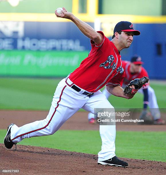 David Hale of the Atlanta Braves throws a first inning pitch against the Cincinnati Reds at Turner Field on April 26, 2014 in Atlanta, Georgia.