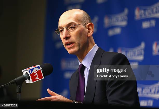 Adam Silver the NBA Commissioner talks to the media before the start of the Oklahoma City Thunder game against the Memphis Grizzlies in Game 4 of the...