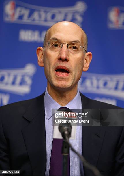 Adam Silver the NBA Commissioner talks to the media before the start of the Oklahoma City Thunder game against the Memphis Grizzlies in Game 4 of the...