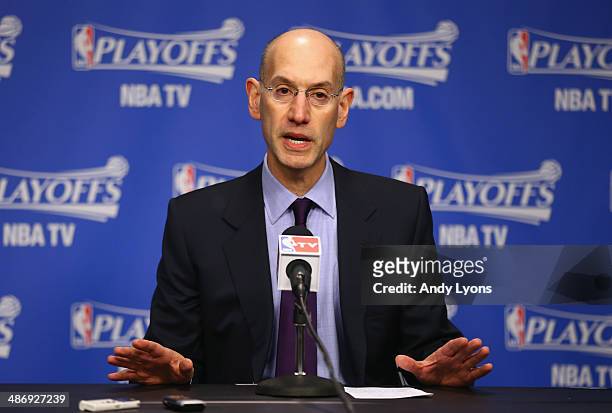 Adam Silver the NBA Commissioner talks to the media before the start of the Oklahoma City Thunder game against the Memphis Grizzlies in Game 4 of the...
