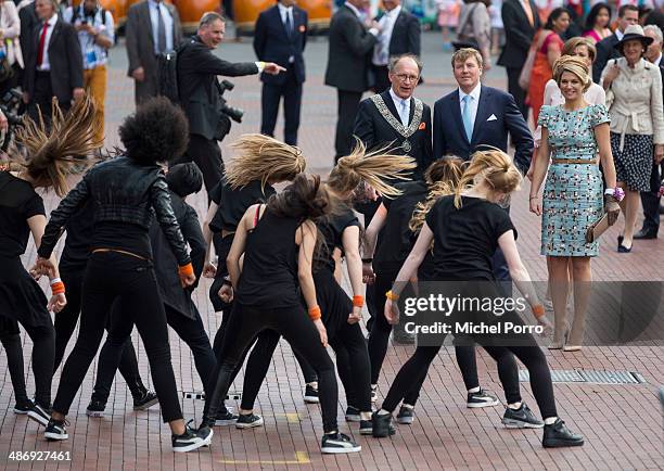 Amstelveen Mayor Fred de Graaf, King Willem-Alexander of The Netherlands and Queen Maxima of The Netherlands attend King's Day on April 26, 2014 in...