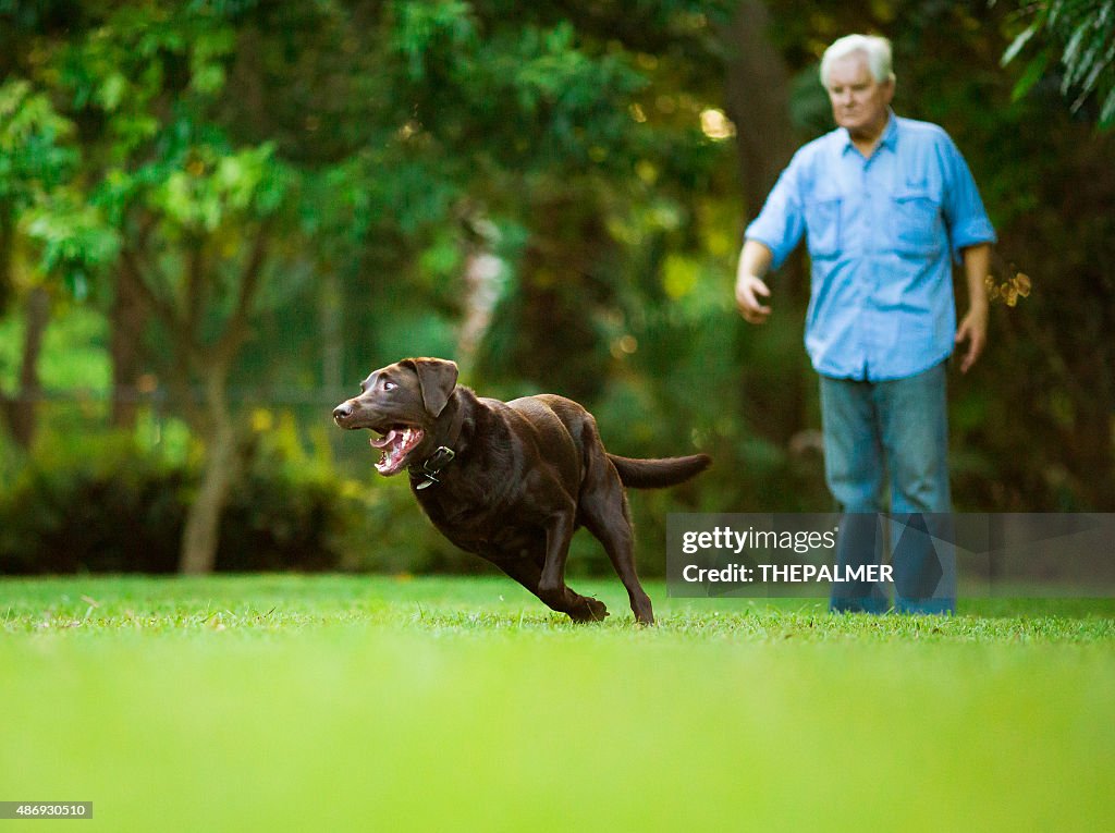 Senior training his dog