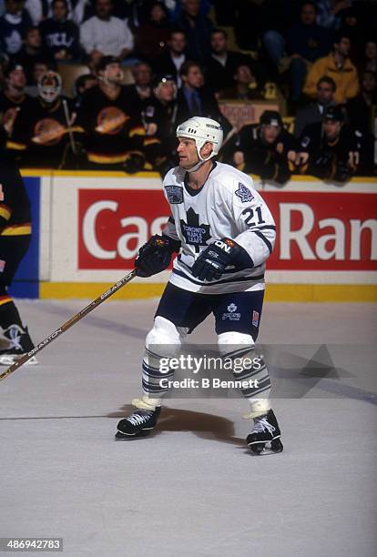 Kirk Muller of the Toronto Maple Leafs skates on the ice during an NHL game against the Vancouver Canucks on November 26, 1996 at the Maple Leaf...