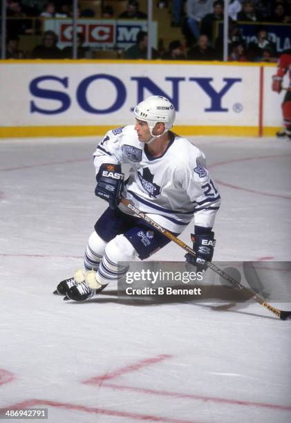 Kirk Muller of the Toronto Maple Leafs skates on the ice during an NHL game against the New Jersey Devils on December 10, 1996 at the Maple Leaf...