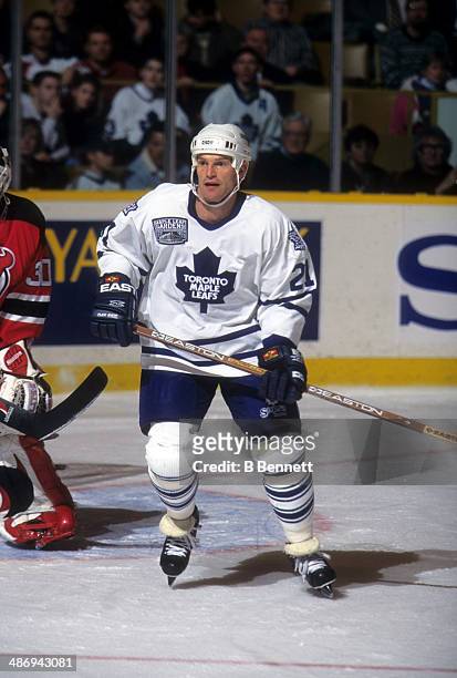 Kirk Muller of the Toronto Maple Leafs skates on the ice during an NHL game against the New Jersey Devils on December 10, 1996 at the Maple Leaf...